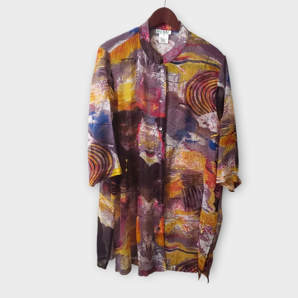 Ulla Popken Artsy Purple Abstract Print Sheer Tunic Shirt Blouse Plus Size 16/18